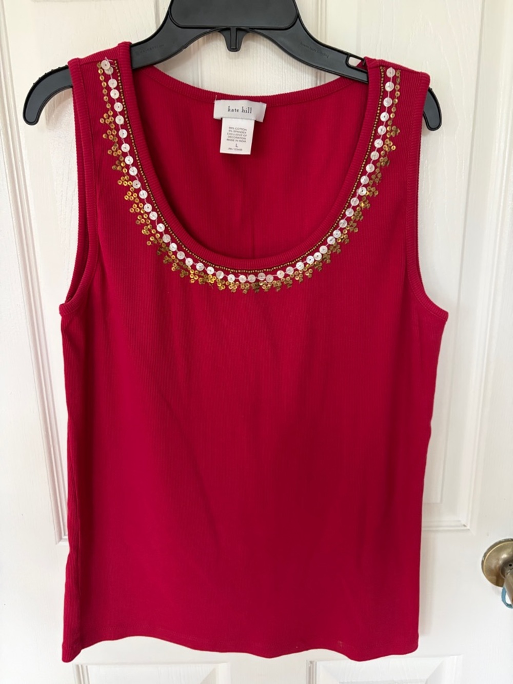Kate Hill Red Scoop Neck Tank with Sequin Trim